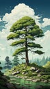 Minimalist Digital Painting Of A Sublime Wilderness With A Majestic Tree