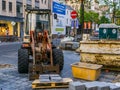 Old forklift truck at a construction site in antwerp city, antwerpen, Belgium, April 23, 2019 Royalty Free Stock Photo