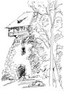 Old fortification tower in Sigulda Latvia, black and white graphic drawing, travel sketch