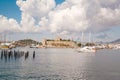 The old fortified castle. Coast and harbor with boats,View of the port Bodrum Kale, castle.