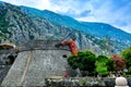 The old fortress in Kotor. On the fortress there is a modern sculpture made of wire