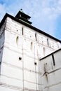 Old fortress tower. Blue sky with clouds. Trinity Sergius Lavra Royalty Free Stock Photo