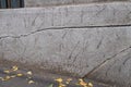 Old foundation and plaster wall with cracks. Building requiring repair closeup