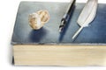 Old fountain pen with feather on a book Royalty Free Stock Photo