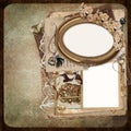 The old frames, vintage jewelry, old documents on the vintage shabby background