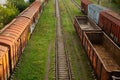 Old freight cars of the train stand on rails. The train stopped at the station in the village. Rusty iron cars and green grass.