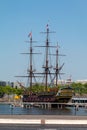 Old freight ship parked at the Naval Museum in Amsterdam, vertical Royalty Free Stock Photo