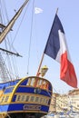 French battle ship, l`Hermione. In the old harbor of Marseille, France Royalty Free Stock Photo