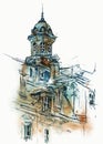 Old French building architecture raster watercolor illustration