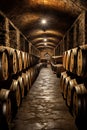 Old french oak wooden barrels in underground cellars for wine aging process, Vintage Barrels and Casks in Old Cellar