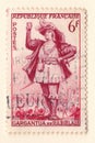 An old french postage stamp with an actor from the novel gargantua by Francois Rabelais