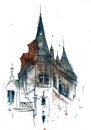 Old French street corner building raster watercolor illustration Royalty Free Stock Photo