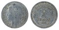 Old 1947 French two Francs coins isolated on the white background Royalty Free Stock Photo