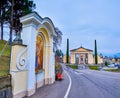 The entrance arch to the Sant\'Abbondio Cemetery, Collina d\'Oro, Switzerland Royalty Free Stock Photo