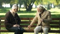 Old friends sitting on bench in park and playing chess, happy leisure time Royalty Free Stock Photo