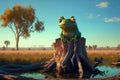 Old frog sitting on a tree stump. Generative AI Royalty Free Stock Photo
