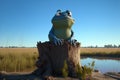 Old frog sitting on a tree stump. Generative AI Royalty Free Stock Photo