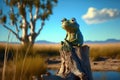 Old frog sitting on a tree stump. Generative AI Royalty Free Stock Photo