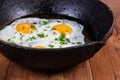 Old frying pan with fried eggs, closeup in selective focus Royalty Free Stock Photo