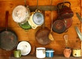 Old frying pans and cooking pots hanging on a wooden wall