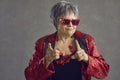 Old funny female crazy confident trendy person studio shot face portrait