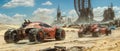 Old futuristic cars race at post apocalypses, vintage iron vehicles drive on desert like fantasy movie. Concept of dystopia, sport