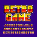 Old game alphabet font. Colorful pixel gradient letters and numbers.