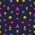 Old games seamless pattern. Retro gaming, pixels video game and pixel art arcade vector background illustration Royalty Free Stock Photo