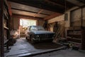 old garage with car lift, for easy maintenance and repairs Royalty Free Stock Photo