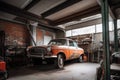 old garage with car lift, for easy maintenance and repairs Royalty Free Stock Photo