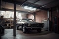 old garage with car lift, for easy maintenance and repairs Royalty Free Stock Photo