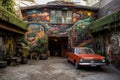 old garage, with colorful mural on the walls and a vintage car in the center Royalty Free Stock Photo