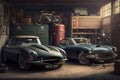 an old garage filled with vintage cars, including a classic ford model t and a jaguar e-type.