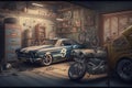 An Old Garage Filled With Vintage Cars And Motorcycles, Including A Classic Ford Mustang And A Custom Chopper.