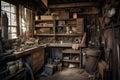 old garage, filled with vintage tools and equipment of bygone era Royalty Free Stock Photo