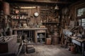 old garage, filled with vintage tools and equipment of bygone era Royalty Free Stock Photo