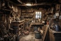 old garage, filled with vintage tools and equipment of bygone era Royalty Free Stock Photo