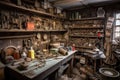 old garage, filled with vintage tools and equipment of bygone era Royalty Free Stock Photo
