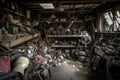 old garage full of tools, equipment, and parts that have been left behind after business has closed