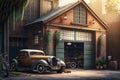 an old garage that has been transformed into a cozy home, with vintage cars still parked inside and their hoods open.