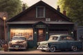 an old garage that has been transformed into a cozy home, with vintage cars still parked inside and their hoods open.