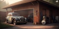 Old garage or shed with a vintage car. Generative AI