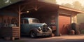 Old garage or shed with a vintage car. Generative AI