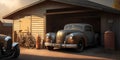 Old garage or shed with a vintage car. Generative AI