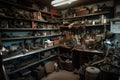 old garage with shelves full of vintage tools and parts, ready for a new owner