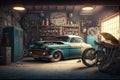 an old garage with a variety of vintage cars and motorcycles, including classic convertibles and choppers.