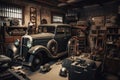 old garage with vintage car on display, surrounded by tools and other automotive accessories