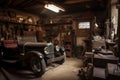 old garage with vintage car on display, surrounded by tools and other automotive accessories