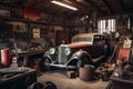 old garage with vintage car on display, surrounded by tools and other automotive accessories