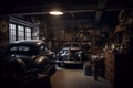 old garage with vintage car on display, surrounded by tools and other automotive accessories